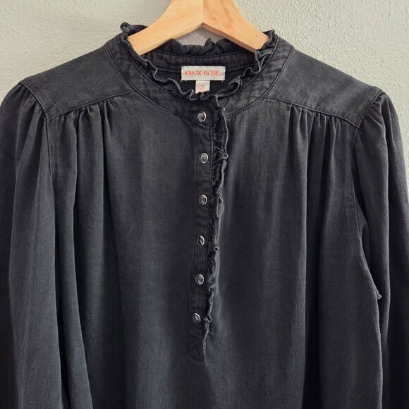 Knox Rose Washed Black Lyocell Blouse Sz Medium Snap-Front Top Victorian Ruffle - Picture 2 of 7